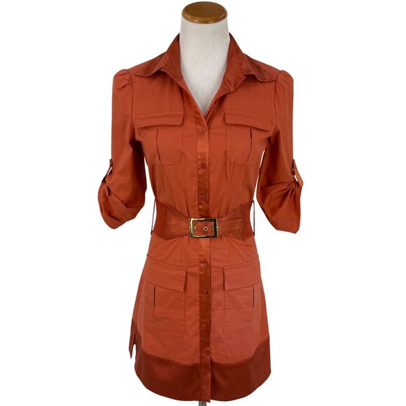 Vintage Y2K Bebe Rust Orange Belted Mini Shirt Dress w/Pockets & Satin Trim S - Picture 2 of 16